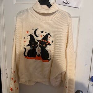 ROMWE Cream Sweater with Black Cat and Orange Star Design